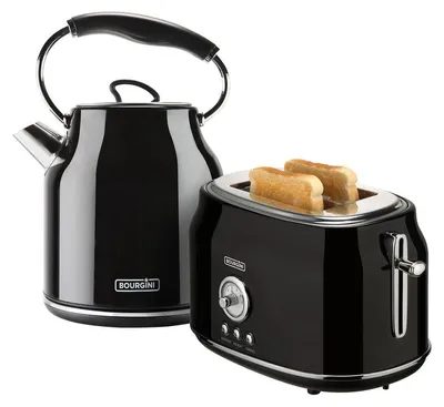 Produktbild von Bourgini Retro Wasserkocher- und Toaster-Set – Edelstahl – 1,7 L – 6 Bräunungsstufen – Schwarz