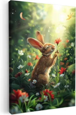 Produktbild von MuchoWow® - Leinwandbilder - Kaninchen - Tiere - Blumen - Natur, Wandbild, Wanddeko Bilder Wohnzimmer, 20x30cm