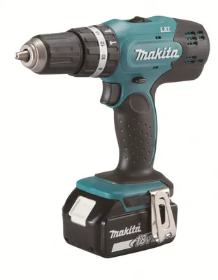 A cordless drill with a battery pack attached, shown against a white background.