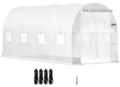 Produktbild von VEVOR Gewächshaus im Tunnelstil, 3,6 x 2 x 2 m / 12 x 7 x 7 ft Tragbares Pflanzenhaus mit verzinkten Stahlbögen, 1 Oberträger, 2 Diagonalstangen, 2 Reißverschlusstüren & 6 Rollfenstern, Grün, Weiß-15x7x7 ft-Domdach