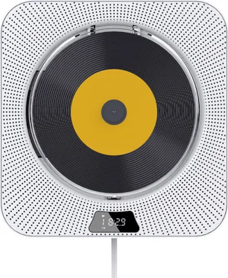 Imagen del producto de Reproductor de CD portátil con montaje en pared, que cuenta con Bluetooth, USB, radio FM, conector para auriculares y soporte para batería externa (power bank)