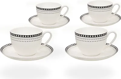 Produktbild von Buchensee Teetassen / Kaffeetassen Porzellan, 4 Tassen je 210ml, Rautendeko, Fine Bone China