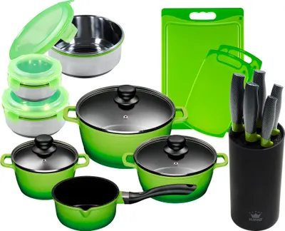 Produktbild von 15tlg. KING Vorteilsset GRÜN: 4tlg. Kochtopfset Aluguss Grün, 3xKochtöpfe in Ø16,Ø20,Ø24cm, 1xStieltopf Ø16cm + 3tlg. Schneidebretter-SET KÜCHEN FAN / Farbe: grün / 3x Schneidebretter + 3tlg. Vorratsdosen-Set KLICKBOX Ø16cm, Ø13cm, Ø10.5cm + 5tlg. Messerset KING® CARBON DESIGN^