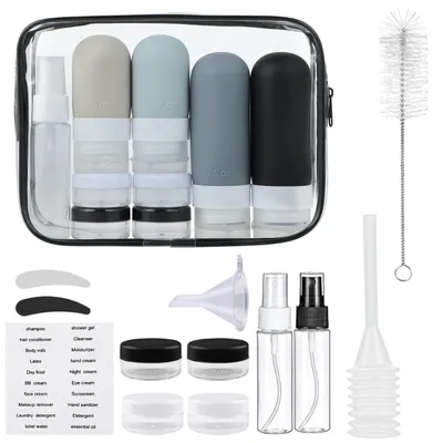 Imagen del producto de TRANKIELO® - Juego de 17 botellas de silicona para viajes - Accesorios de viaje prácticos y a prueba de fugas para champú y líquidos