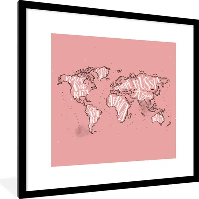 Produktbild von MuchoWow® MuchoWow® Gerahmtes Poster Weltkarte - Rosa - Weiß - Buchstaben 40x40 cm - Poster mit zchwarzem Bilderrahmen - Poster - Plakat im Rahmen