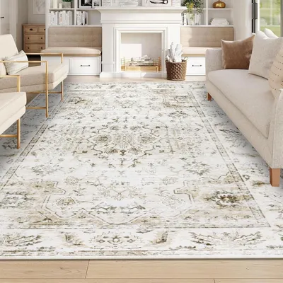 Productafbeelding van Beige vloerkleed, 200x300 cm, wasbaar, korte pool, boho-stijl, geschikt voor woonkamer en slaapkamer