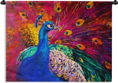 Produktbild von MuchoWow® Wandteppich Wandbehang Gemälde - Vogel - Pfau - Ölgemälde 60x45 cm Tapisserie Dekoration Wandtuch - Das Schlafzimmer