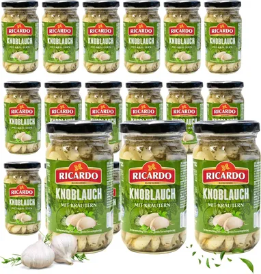 Produktbild von RICARDO Knoblauch mit Kräuter 18 x 190g - Feinkost Vorteilspack - Eingelegte Knoblauchzehen - Ideal als Tapas
