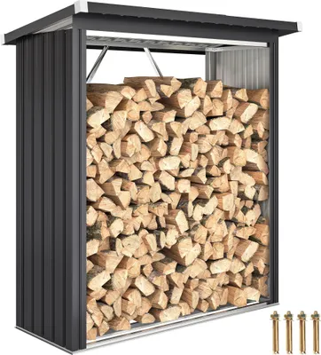 Image de Outsunny Abri-bûches couvert en acier galvanisé, 1,5 m³, support pour bois de chauffage robuste, montage rapide, étagère à bûches extérieur plancher surélevé toit incliné, 150x66,5x150cm, gris foncé