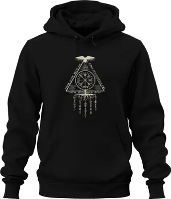 Obrázok produktu pre Vegvisir Runic Compass Nordic Viking Symbol Odin Raven Uni mikina s kapucňou, čierna, S
