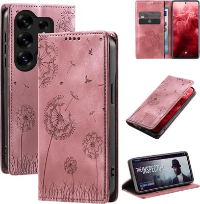 A collage of images showing a pink flip phone case with a dandelion design, a phone inside the case, and a phone displaying a movie.