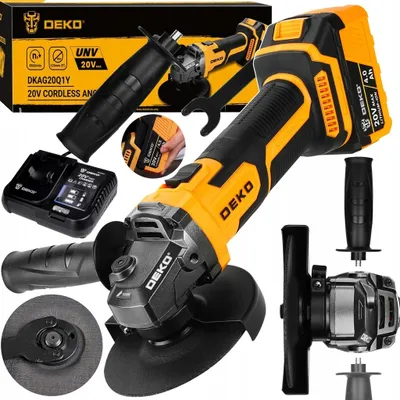 A collage of images showing a cordless angle grinder and its accessories, including a battery, charger, and handles.