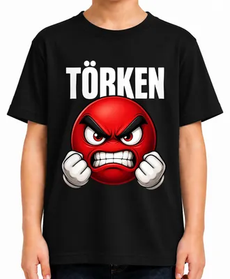 Produktbild von TÖRKEN wütender Emoji rot geballte Fäuste Comic Uni Kinder T-Shirt roter Smiley, Schwarz, 116
