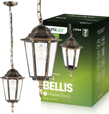 Produktbild von LUMILED závesné svetlo Vintage vonkajšie závesné svietidlo 230V lucerna nastaviteľná výška patina hliníkové sklo retro E27 zásuvka pre záhradu IP44