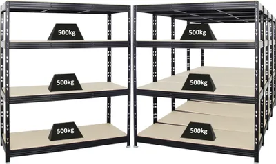 Produktbild von Mega Deal | 5x Profi Schwerlastregal Rhino | HxBxT 180x160x60cm | 4 Spanplatten-Ebenen 16mm | Fachlast 500kg | Schwarz