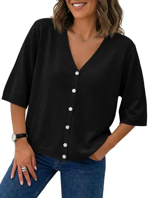 Produktbild von Kurzarm-Cardigan für Damen, leichter Strickstoff, V-Ausschnitt, Knopfleiste,Größe:L