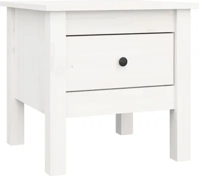 A white wooden nightstand with a single drawer is shown against a white background.