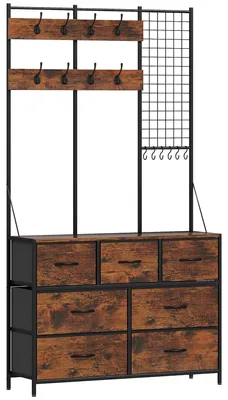 Produktbild von Garderobenständer, Kleiderständer mit Stoff-Schublade, 14 Haken für Flur, Schlafzimmer, Rustikal-Braun, Höhe 183 cm