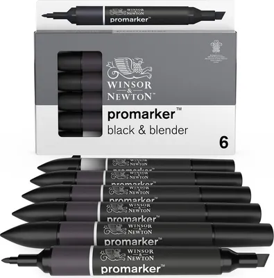 Zdjęcie produktu dla Markery alkoholowe WINSOR & NEWTON Promarker Fine & Chisel, 6 sztuk BLACK + BLENDER