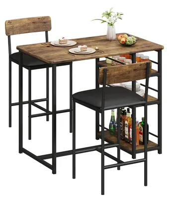Produktbild von Bartisch-Set 3-teilig - Bartisch mit 2 Barhockern - Ablageflächen - Metallgestell - Gepolsterte Sitze - Vintagebraun