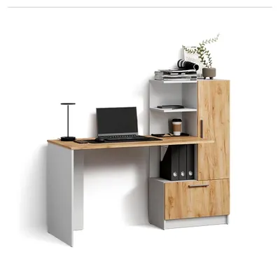 Produktbild von Schreibtisch Lorena, Weiß/Goldkraft Eiche, 150 x 120.1 cm mit 2 Türen