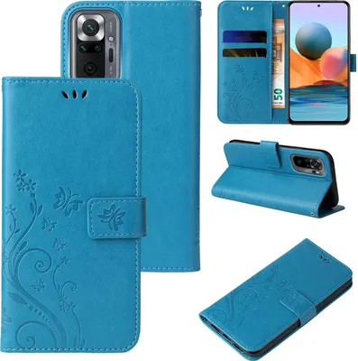 A collage of images showing a blue floral and butterfly patterned flip phone case for a Xiaomi Redmi Note 10 Pro.