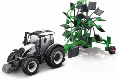 Produktbild von Bburago Farm 10 cm Traktor mit Deluxe-Anhänger – Valtra N174 – Kreiselschwader