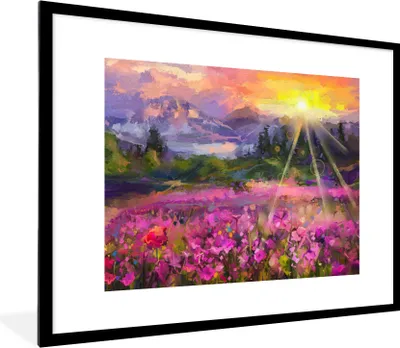 Produktbild von MuchoWow® Gerahmtes Poster Gemälde - Ölfarbe - Blumen - Natur - Sonne 80x60 cm - Poster mit Schwarzem Bilderrahmen Wandposter Rahmen Foto Bilder - Schlafzimmer-Dekorationen - Fotoposter