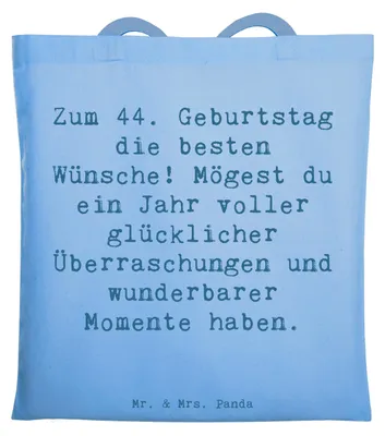 Produktbild von Mr. & Mrs. Panda Tote Bag Spruch 44. Geburtstag Glückwünsche - Sky Blue - Geschenk, unvergesslich, Laptoptasche, Schultasche, feiern, Tasche, Alter, kreativ, Shopping