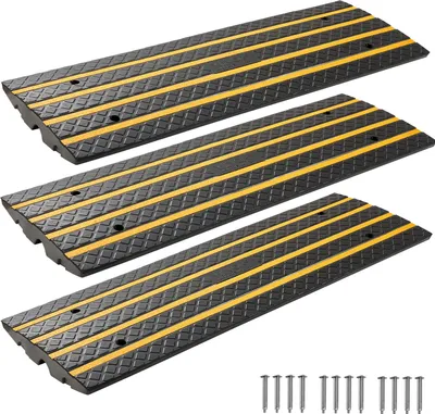 Obrázok produktu pre VEVOR gumová obrubníková rampa, nosnosť 15 ton, zdvih 66 mm, prístupová rampa so žltými reflexnými pásmi, prahová rampa vhodná pre nakladacie rampy, sklady, garáže, chodníky (balenie 3 ks)