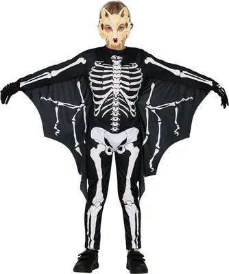 Produktbild von Skelett Fledermaus Flügel Kostüm Halloween Kinder Maskerade Grusel Party Schwarz Weiß Look, Größe: 110/116 Farbe: Schwarz