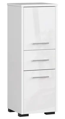 Image de Armoire de salle de bain indépendante : un tiroir, deux portes, trois étagères, couleur : blanc|blanc brillant, dimensions du meuble : l : 30 cm, H : 85 cm, P : 30 cm