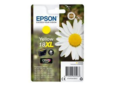 Produktbild von Epson Daisy 18XL Gänseblume Claria Home Single Yellow Tinte, High (L) Yield, Gelb, Tinte auf Pigmentbasis, 6,6 ml, 1 Stück(e), Einzelpackung