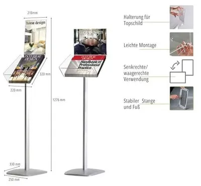 Produktbild von Kombi Infoständer & Prospektständer in DIN A4 mit Topschild-Halterung und Prospektablage (Vertikal)
