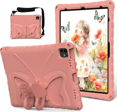 Produktbild von Kinder Hülle für iPad Air 13 M3/M2 2025/2024, iPad Pro 13 2024 M4, iPad Pro 12,9 2022/2021/2020/2018 Leicht Stoßfeste EVA Kindgerechtes Schutzhülle mit Schultergurt, Schmetterlings-Ständer Pink