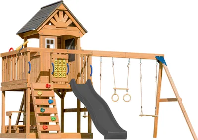 Produktbild von AXI Jack Spielturm aus Holz in Braun mit Doppelschaukel | Spielplatz für Kinder mit Grauer Rutsche, Schaukel, Trapez, Kletterwand, Picknicktisch & Sandkasten | Stelzenhaus für den Garten