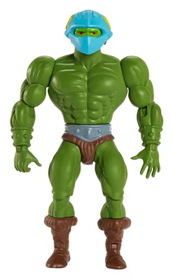 A full-body studio shot of a green action figure with a blue helmet and brown boots.