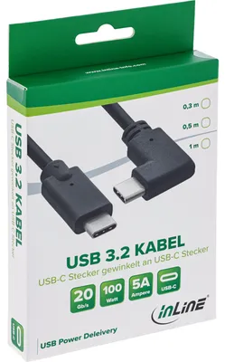 Produktbild von InLine USB 3.2 Gen.2 Kabel, USB-C Stecker/Stecker gewinkelt, schwarz, 0,5m, 0,5 m, USB C, USB C, USB 3.2 Gen 2 (3.1 Gen 2), 20 Gbit/s, Schwarz