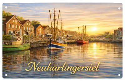 Produktbild von Blechschild 20x30cm Neuharlingersiel Hafen Sonnenuntergang Metallschild Maritime Wanddeko Nordsee Küstenliebe Urlaub AstraDesign