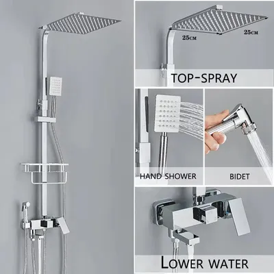 Immagine prodotto di Set completo per vasca da bagno con miscelatore e soffione doccia a 4 getti - Sistema doccia a pioggia - Soffione da 25 cm - Doccetta manuale e rubinetto di scarico per vasca - Montaggio a parete - Finitura nera cromata