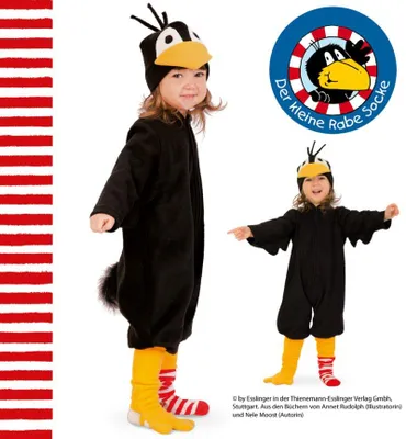 Two children wearing crow costumes, one standing and one in a smaller pose, with a circular logo.