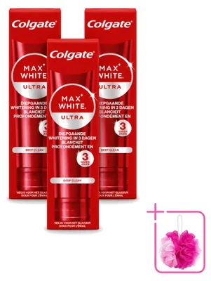 Imagen del producto de 3 tubos de pasta dental Colgate Max White Ultra Deep Clean, blanqueadora, de 75 ml. Pack ahorro, 3 unidades