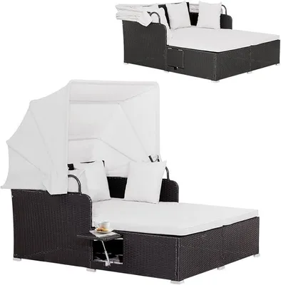 Produktbild von Rattan Lounge mit faltbarem Sonnendach, Gartenliege mit Sitz- und Rückenkissen, Doppelliege Gartensofa für Garten & Terrasse