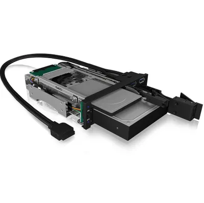 Produktbild von ICY BOX IB-174SSK-U, 2Fach Wechselrahmen für SATA/SAS, 1x 2,5" + 1x 3,5" SATA HDD zu 2x SATA Host in 1x 5,25" Einschub, 2x USB 3.2 Gen 1 Type-A, 13,3 cm (5.25"), Speicherlaufwerkbehälter, Schwarz, 2.5/3.5", SATA, SATA II, SATA III, Aluminium