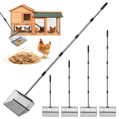 Produktbild von Vigevee Hühnerkotschaufel, 4-in-1 Verstellbare Hühnerstall Zubehör 91-190cm, Hühner Zubehör Siebschaufel Metall, Chicken Poop Scooper zum Reinigen von Hühnerställen Ziegenställen