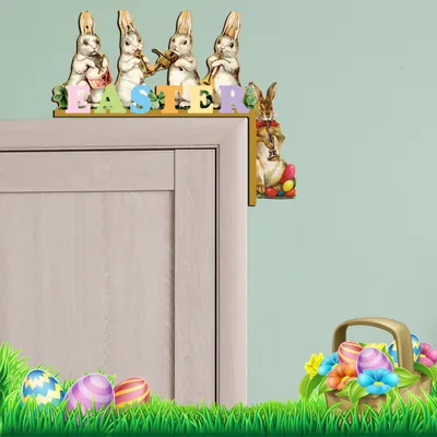 Productafbeelding van Decoratie voor deuwwerk tijdens Pasen, decoraties, kleurrijke paashaas en paaseieren, deurdecoratie, houten frame, hoekdecoratie