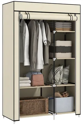 Productafbeelding van Stoffen kledingkast, opbergoplossing, 6 planken, 1 kledingstang, crème