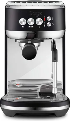 A black Sage espresso machine with chrome accents is shown against a white background.