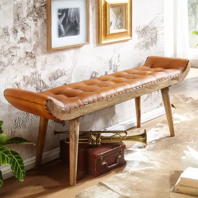 Produktbild von WOHNLING Sitzbank Echtleder / Massivholz Bank Braun 125x50x38 cm Chesterfield Design Polsterbank Flur Lederbank Bettbank 2 Personen Flurbank Modern