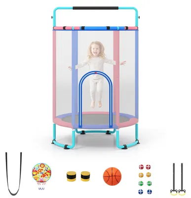 Obrázek produktu pro Trampolína pro děti od společnosti COSTWAY, průměr 140 cm, s hrazdou, houpačkou, kruhy a basketbalovým košem. Zahradní trampolína s basketbalovým košem a míči, modrá barva